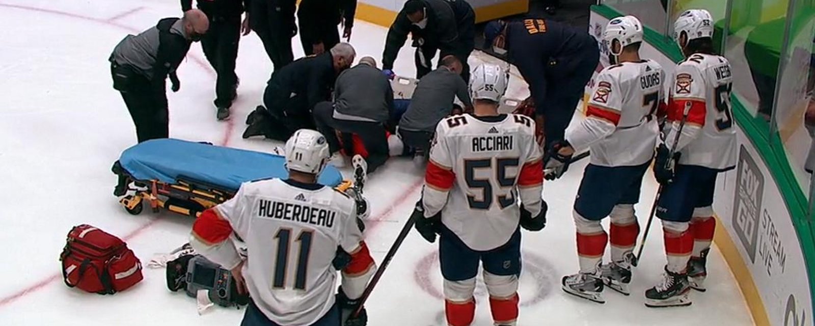 Aaron Ekblad carried out on a stretcher after suffering a horrific looking injury.