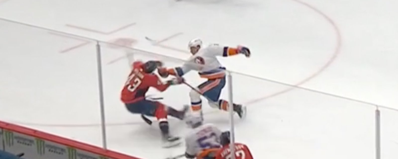 Tom Wilson gets destroyed when Scott Mayfield crushes him with his stick 