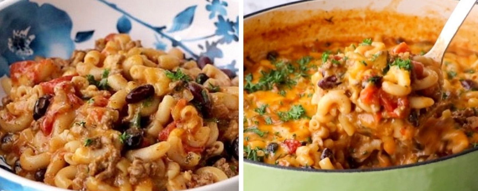 Un deux-en-un savoureux: macaroni au fromage et chili aux fèves et à la viande