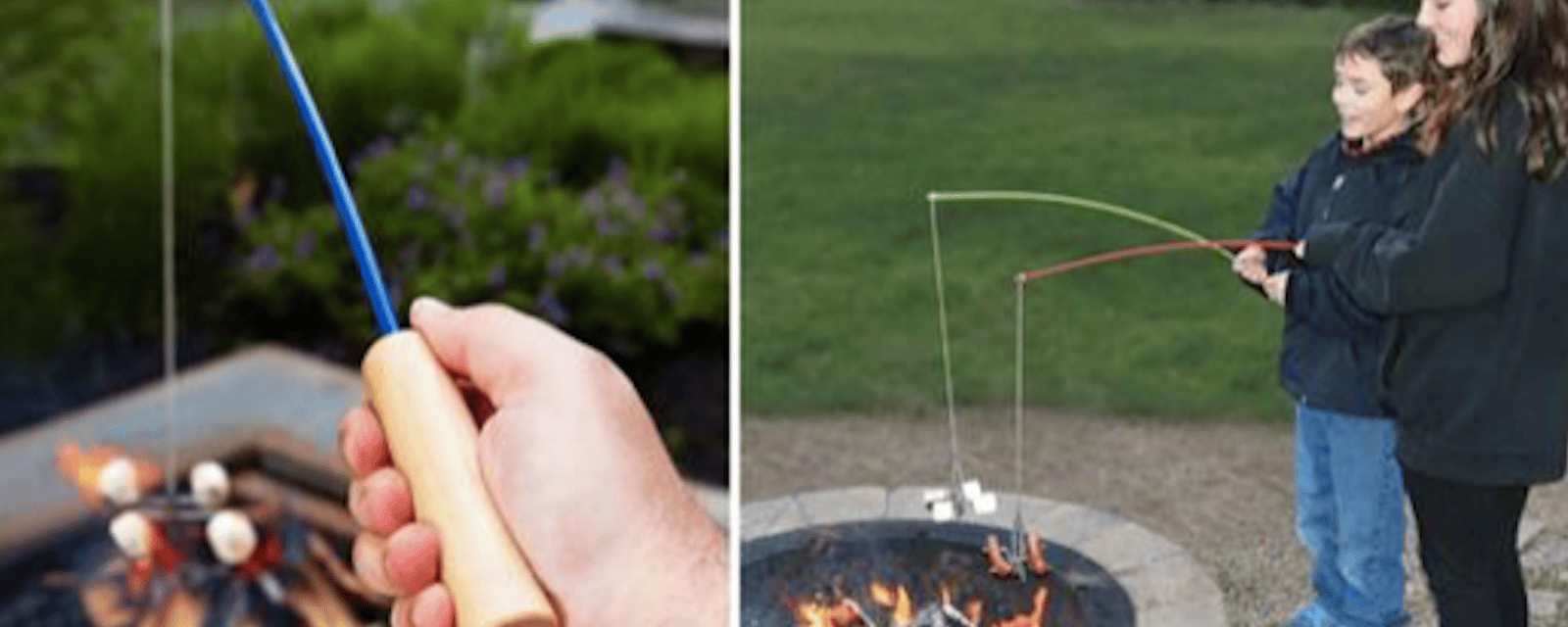Le must de l’été: une « canne à pêche » pour cuire les guimauves et les saucisses sur le feu de camp