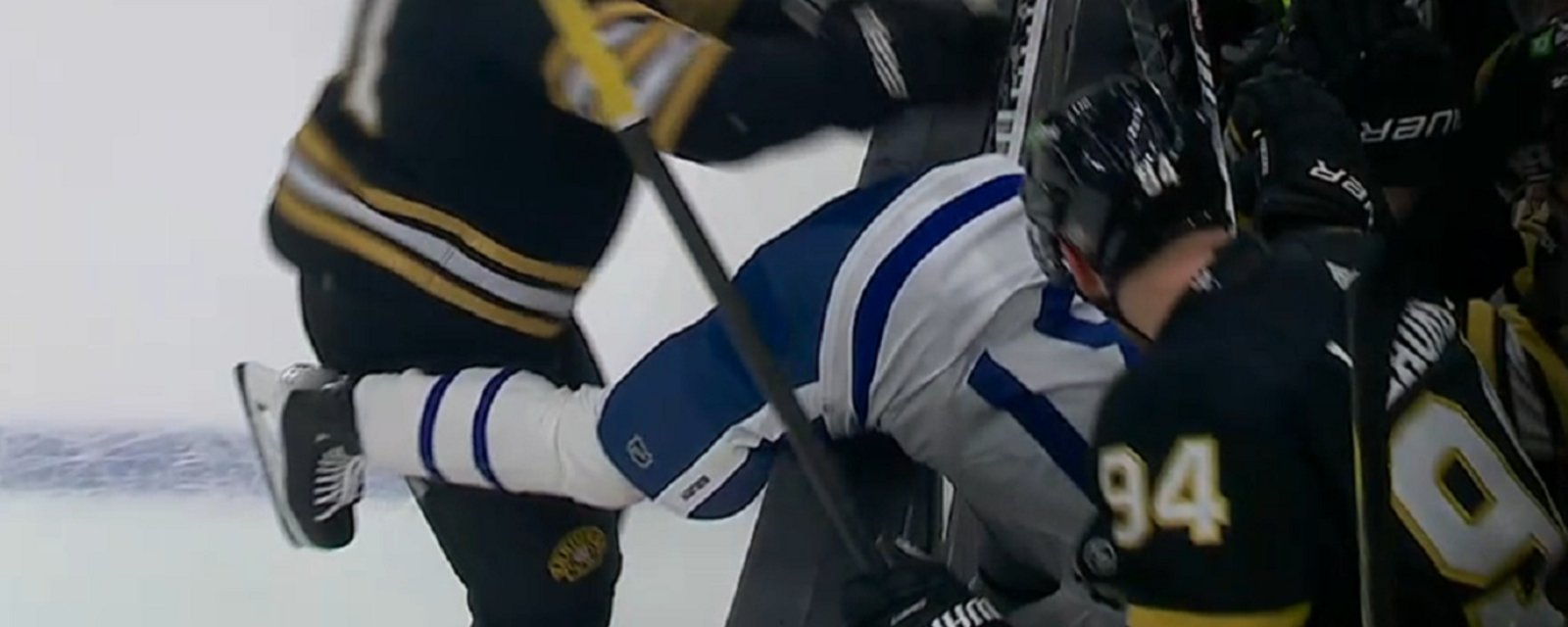 Pat Maroon dumps Timothy Liljegren onto the Bruins bench.