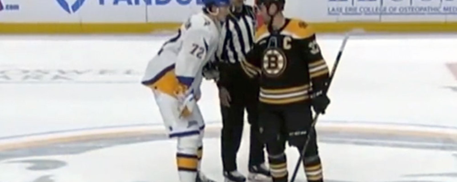 Tage Thompson shares the classy comments that Patrice Bergeron had for him prior to puck drop