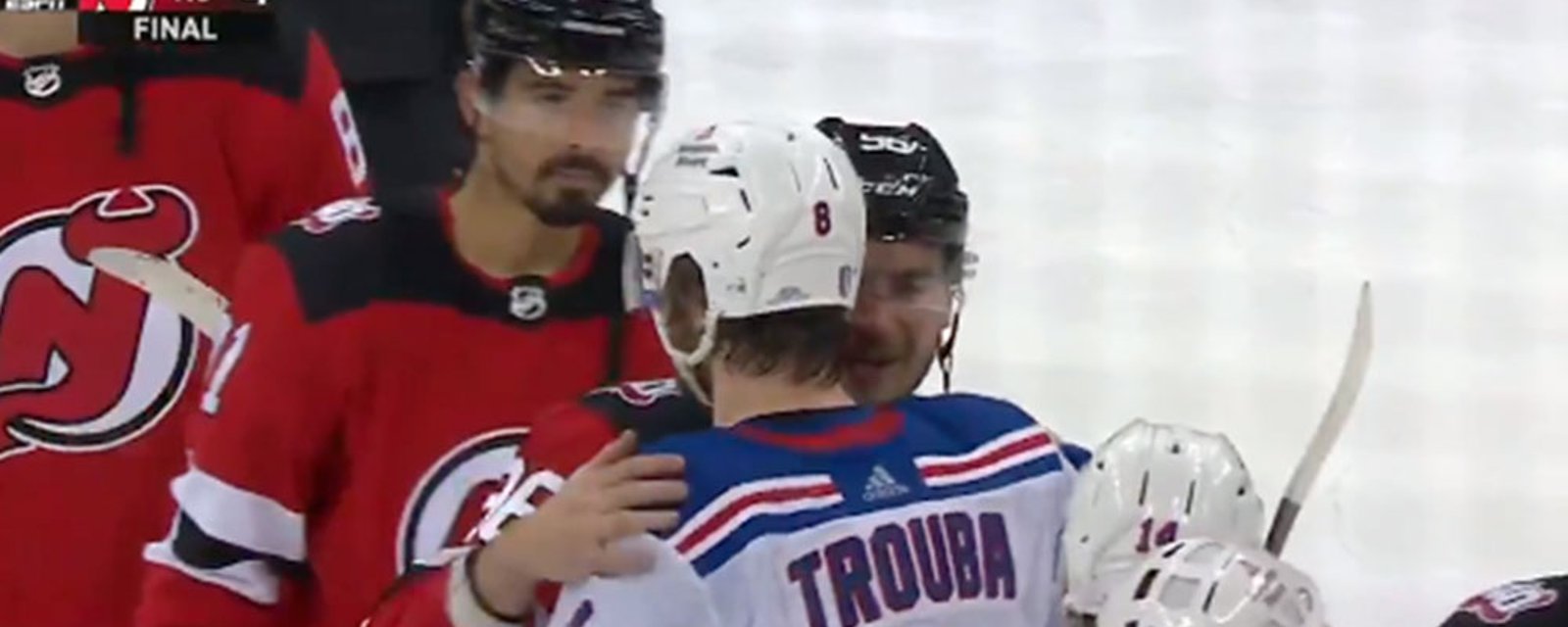 Trouba and Meier embrace in handshake line after HUGE open ice hit