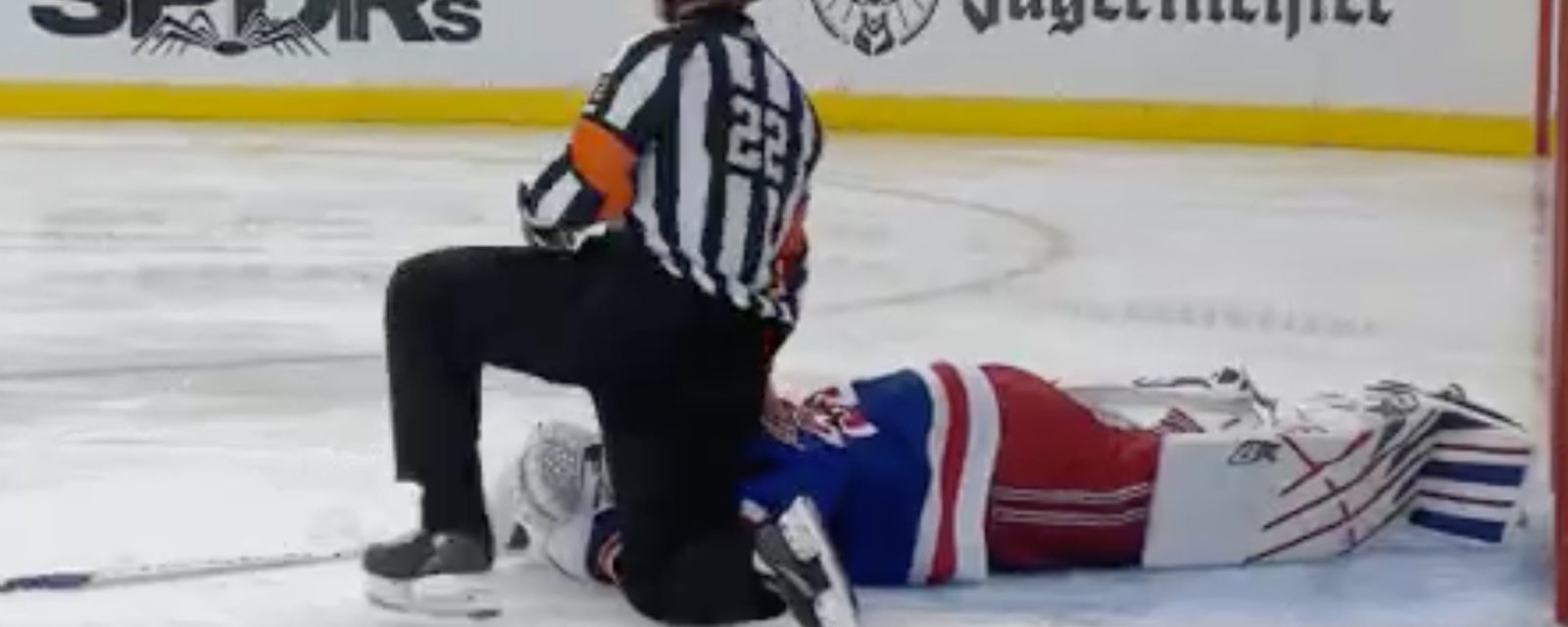 Goalie Igor Shesterkin goes down in obvious pain and it does not look good 