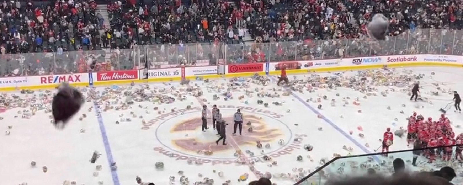 Fans in Calgary flood the ice with teddy bears!