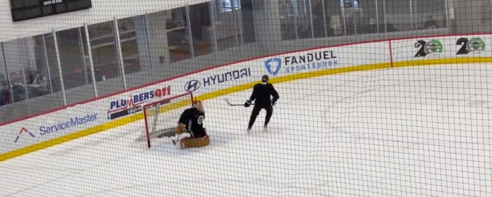 Marc-Andre Fleury throws stick at Patrick Kane in shootout drill 