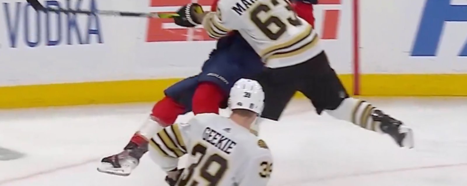 Brad Marchand levels Matthew Tkachuk in intense first minutes of Game 2!