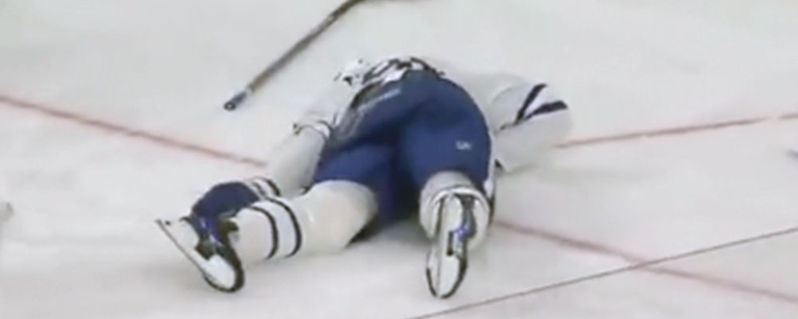 Tavares gets blasted by a slap shot, leaves the game with injury