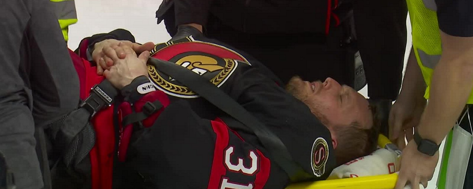 Anton Forsberg carted off on a stretcher after colliding with Zach Hyman.