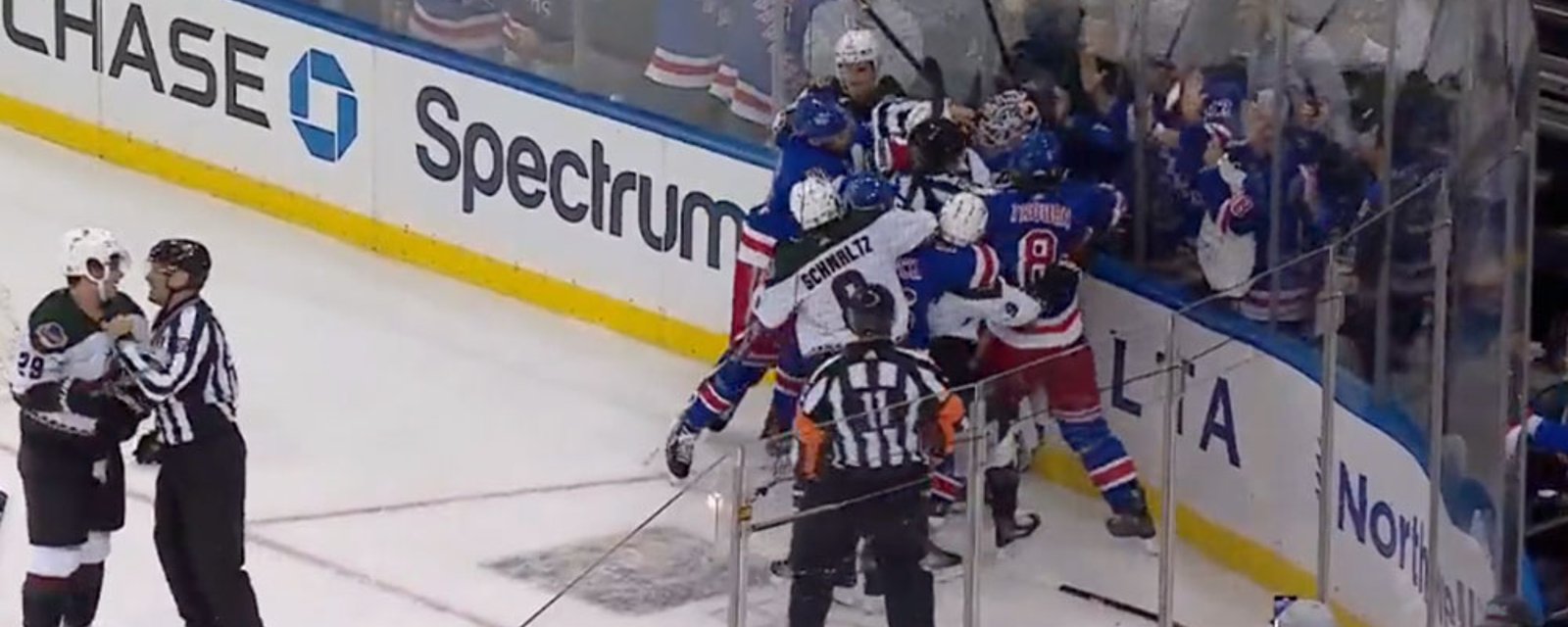 Refs struggle to break up brawl after Rangers' win over Coyotes last night