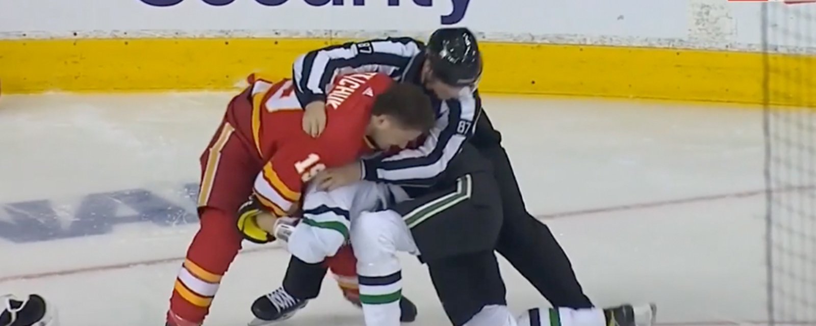Gaudreau scores after the whistle then Klingberg drops the gloves with Tkachuk