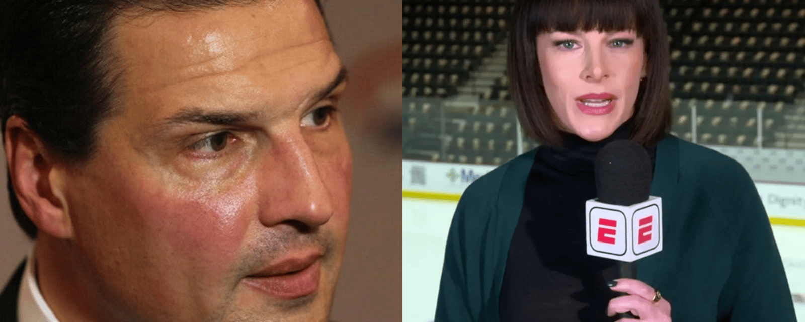Eddie Olczyk appears to call out Leah Hextall for 'imitating' John Forslund's goal call.