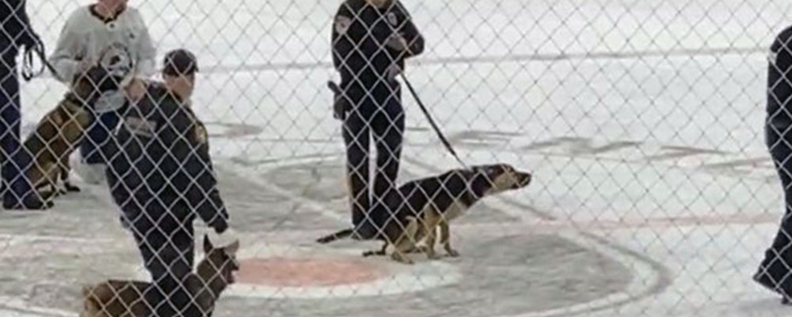Philly police dog takes a dump on Flyers logo at center ice