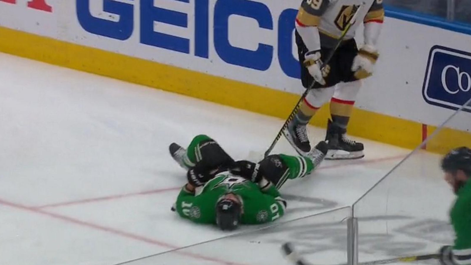 Corey Perry pulled from the game after a huge hit from Alex Tuch.
