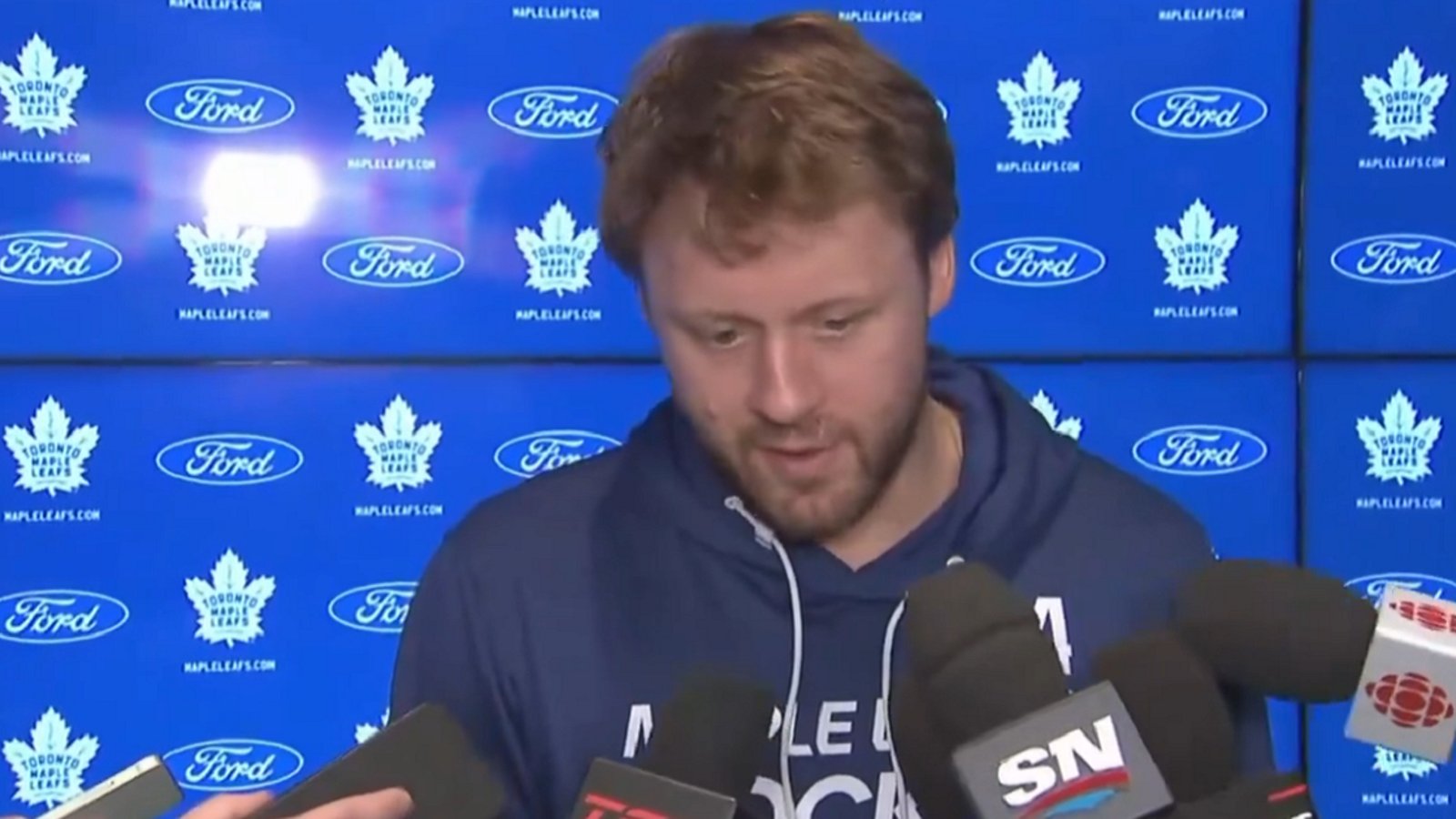 Morgan Rielly struggles to contain emotions on Monday.