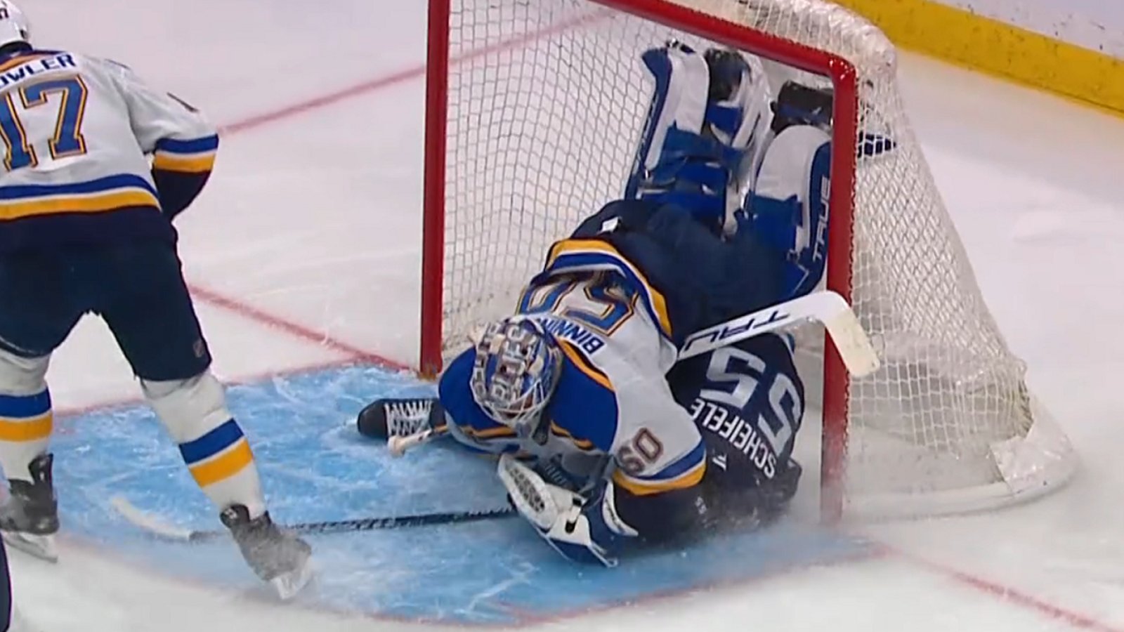 Mark Scheifele slams into Jordan Binnington in Game 2.