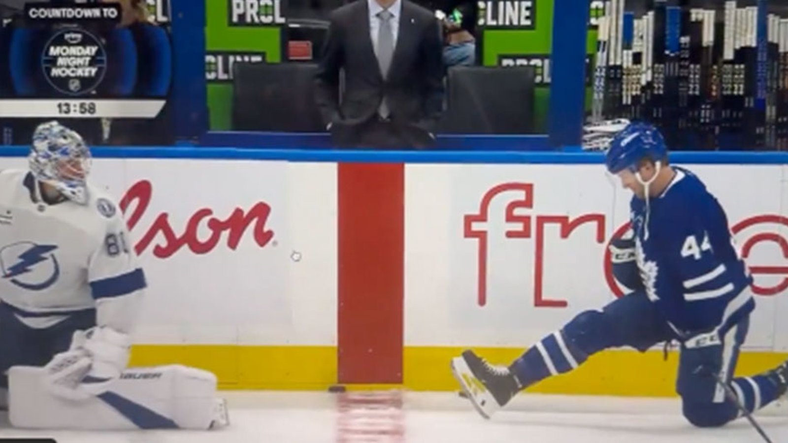 Things get interesting in warmup after Andrei Vasilevsky sprays Morgan Rielly with snow