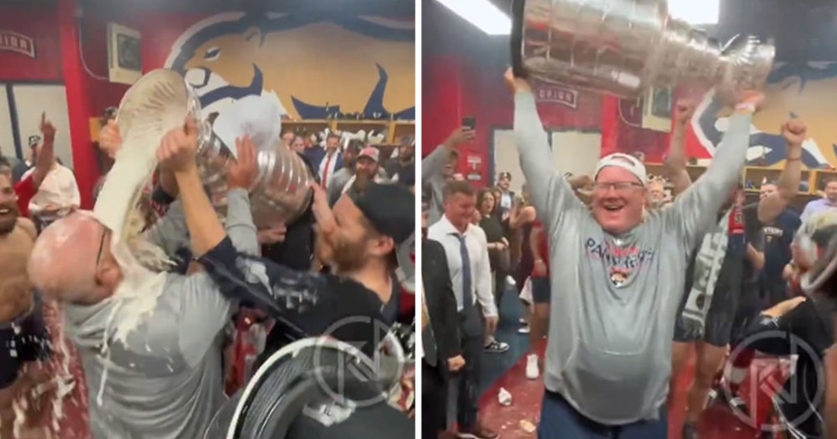 The Panthers absolutely DUMP beer out of the Stanley Cup right onto ...