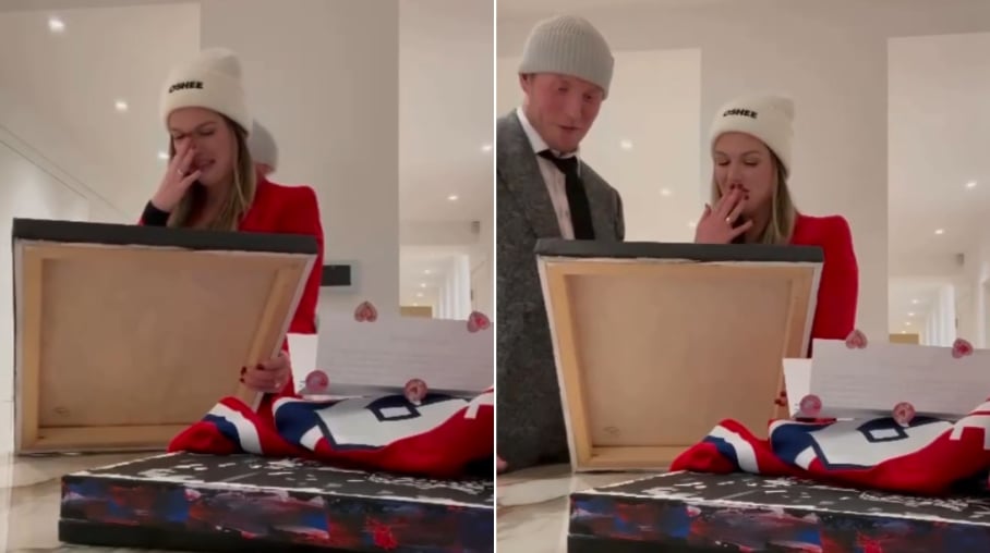 Patrik Laine et sa conjointe émus aux larmes après avoir reçu cette toile d'une artiste québécoise