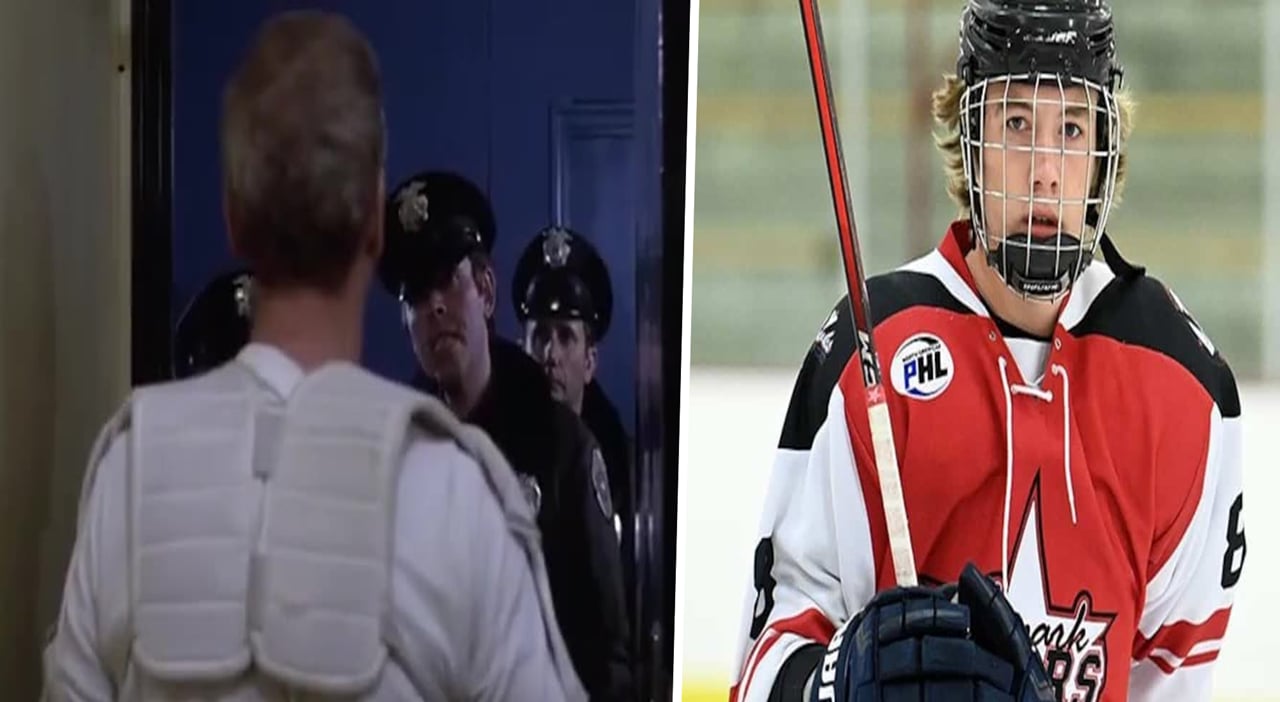 Un jeune hockeyeur se fait passer les menottes pendant un match