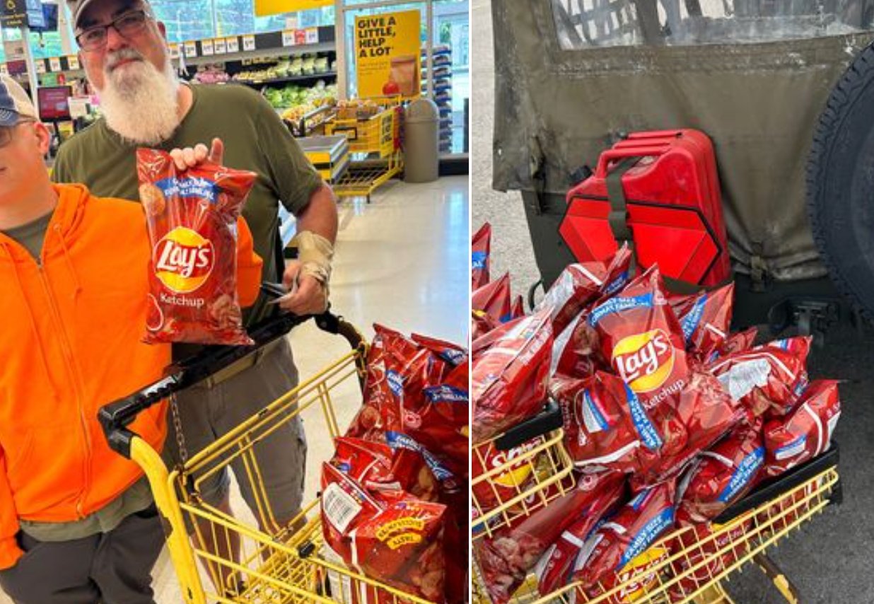 Un Américain et son fils viennent acheter un panier plein de chips au ketchup chez nous