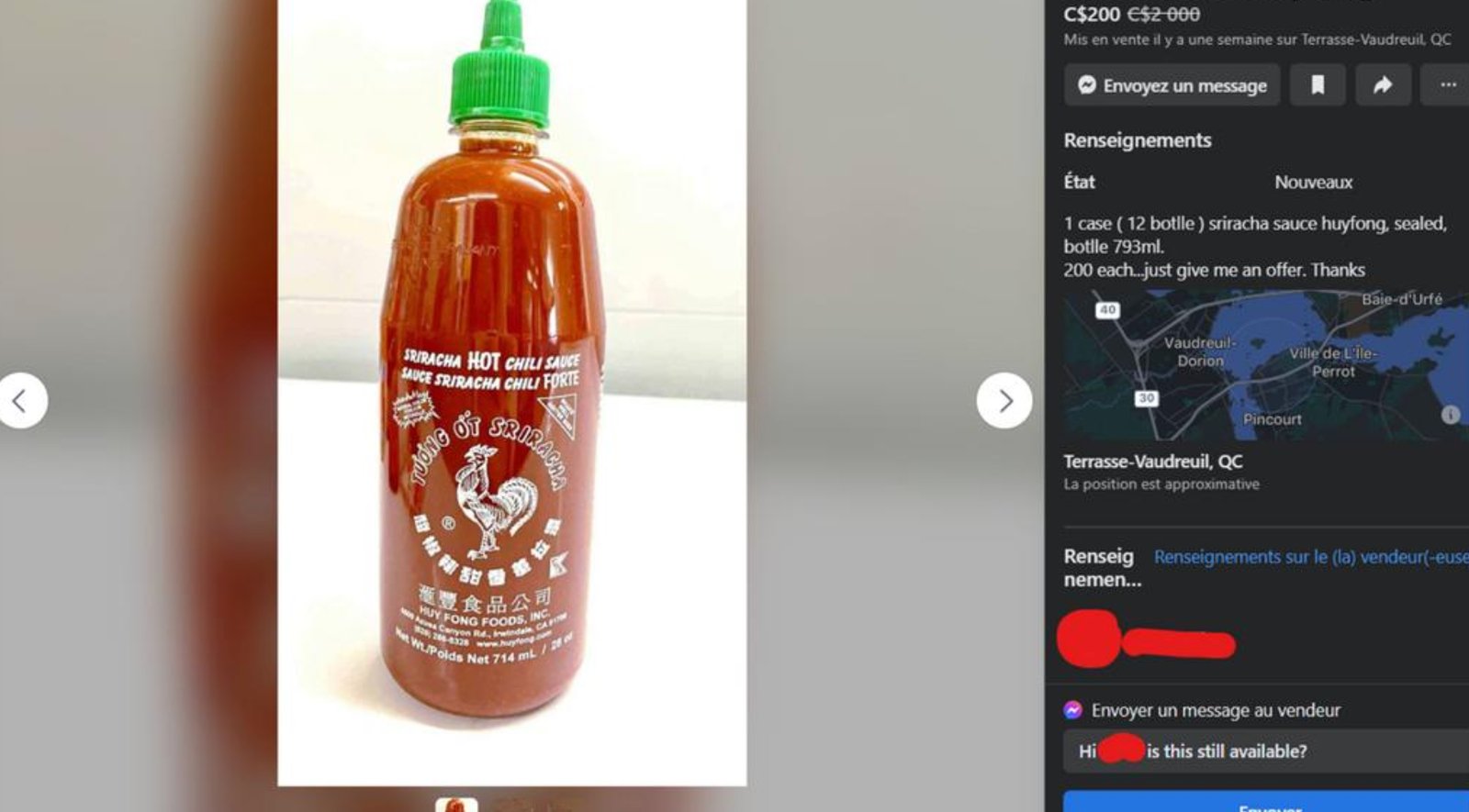 Des annonces de sauce Sriracha à vendre pour des centaines de dollars sur Marketplace 