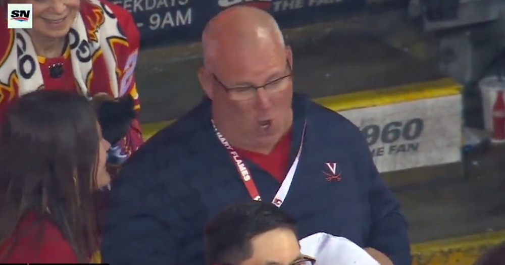 Keith Tkachuk refuses to throw his hat on the ice after Matthew Tkachuk's hat trick goal