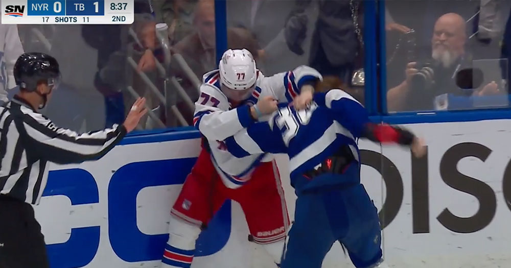 Vatrano and Hagel drop the gloves in a spirited bout