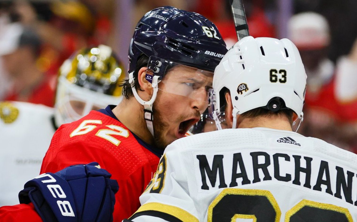Brandon Montour mocks Brad Marchand's past antics 
