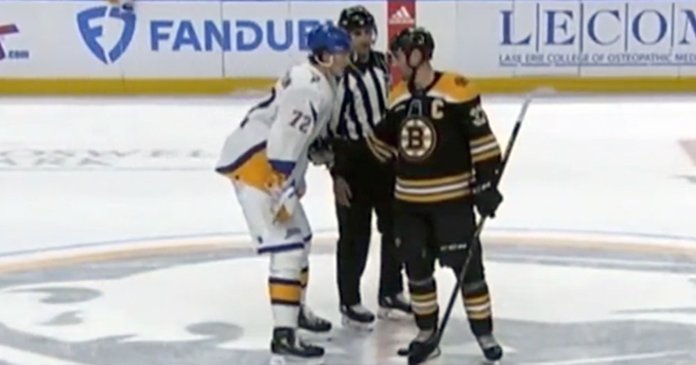 Tage Thompson shares the classy comments that Patrice Bergeron had for him prior to puck drop