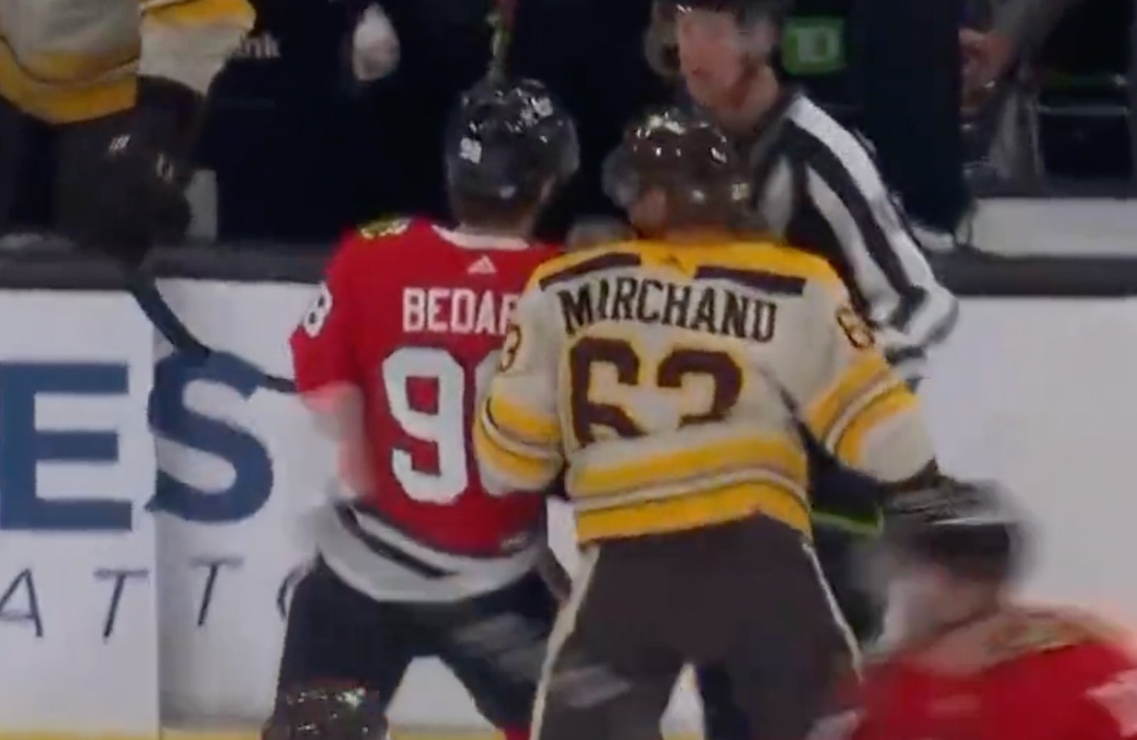 Brad Marchand goes after Connor Bedard after his first NHL goal