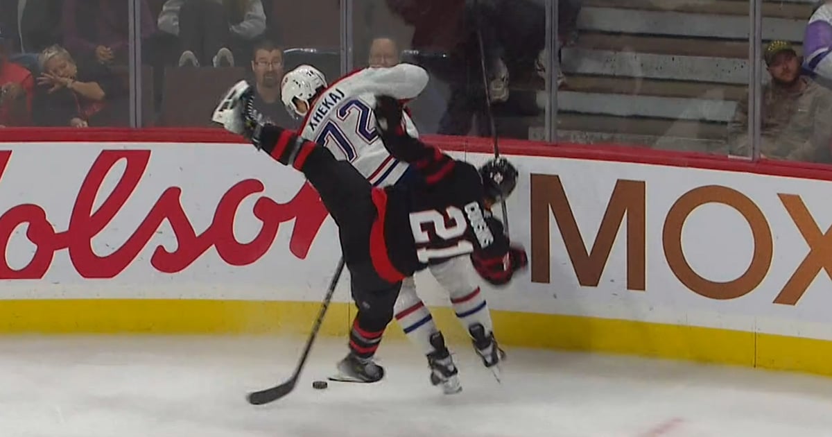 Nick Cousins tries to hit Xhekaj from behind, goes badly.