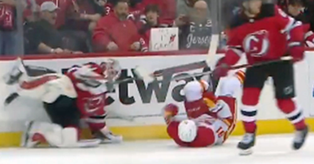 Vanecek takes a run at Kadri late in Flames vs Devils!