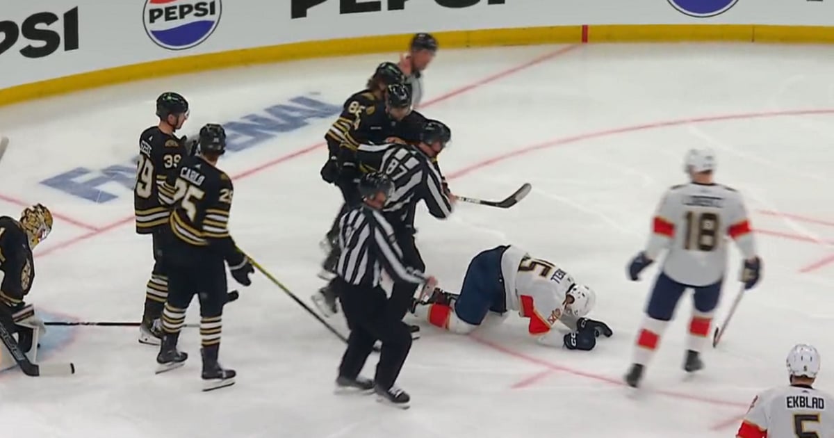 Pastrnak drops Lundell with a sucker punch in Game 4.