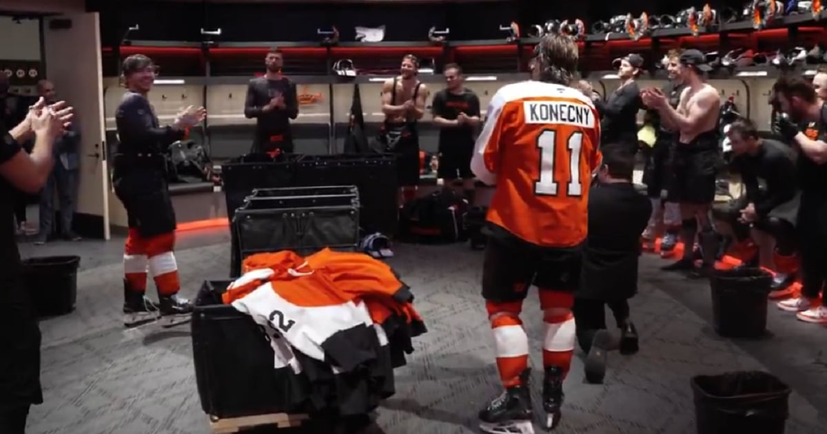 Flyers take shot at Cutter Gauthier in post-game celebration.