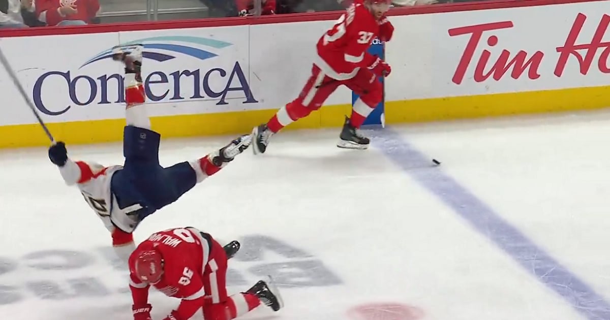 Jake Walman sends Matthew Tkachuk sailing through the air.