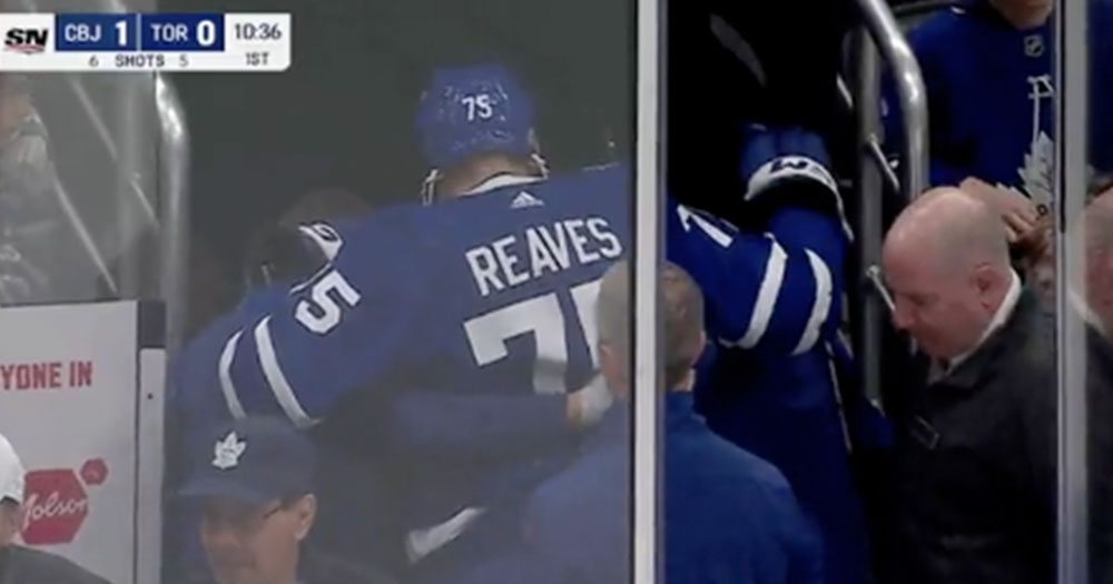 Reaves injures himself by running into the boards then falls down the stairs while leaving the rink