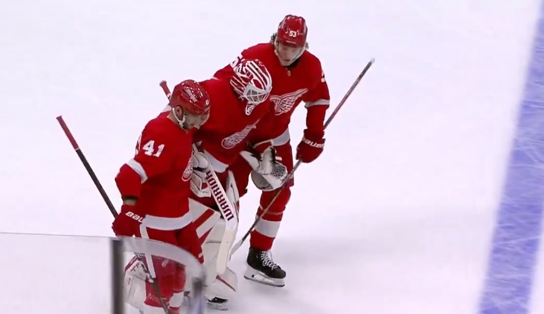 Red Wings lose both Jake Walman and Ville Husso on the same play 