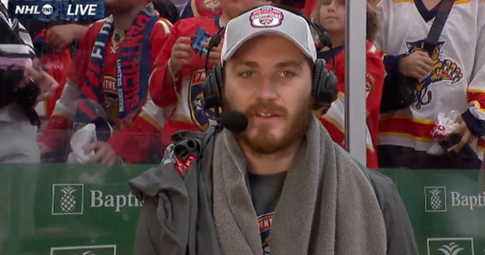 Tkachuk thanks former Flames GM Brad Treliving just moments after game winning goal