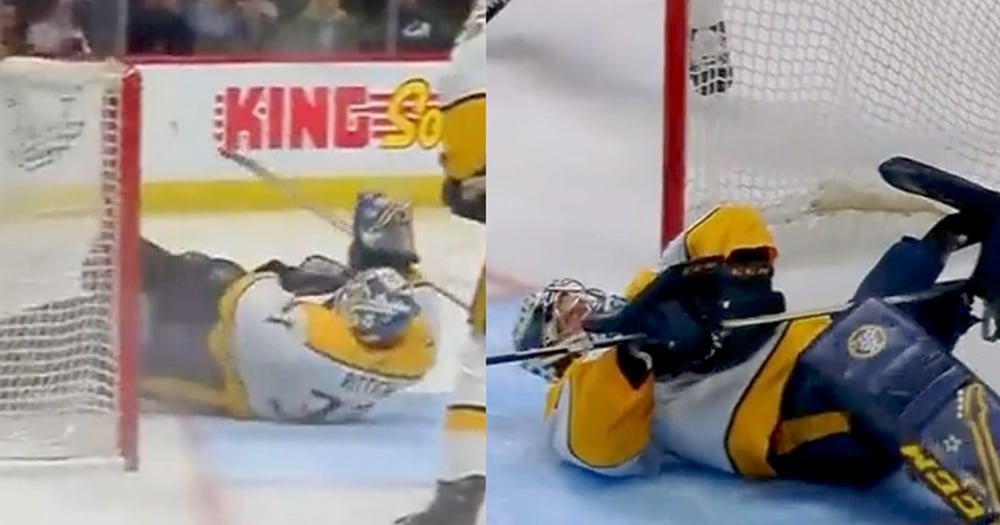 MUST SEE: Predators G David Rittich wrecks himself on the net! 