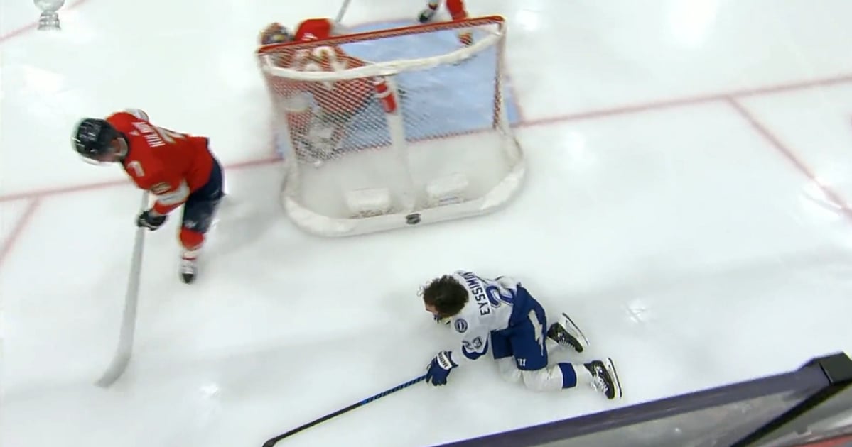 Kulikov crushes Eyssimont in the opening moments of Game 1.