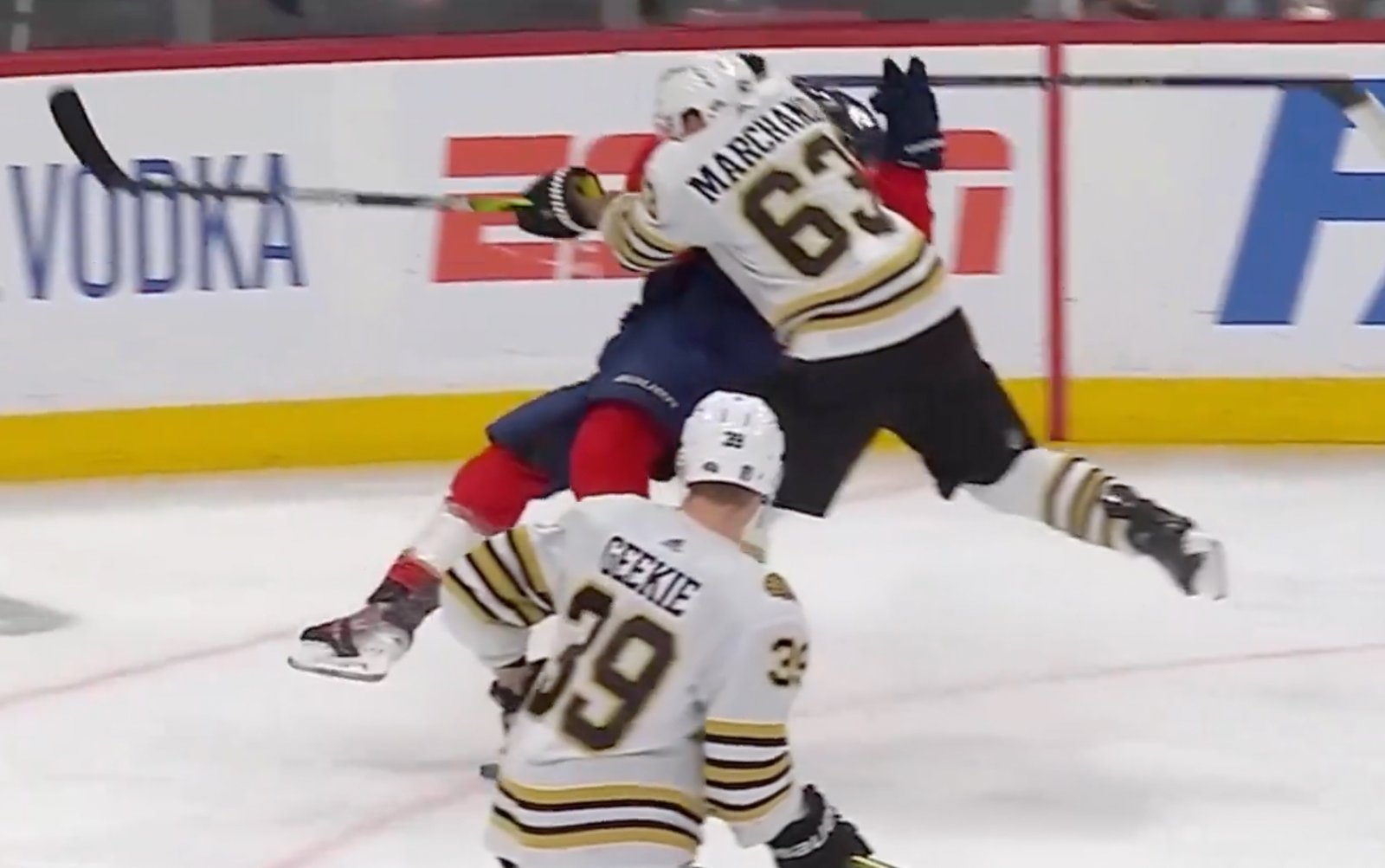 Brad Marchand levels Matthew Tkachuk in intense first minutes of Game 2!