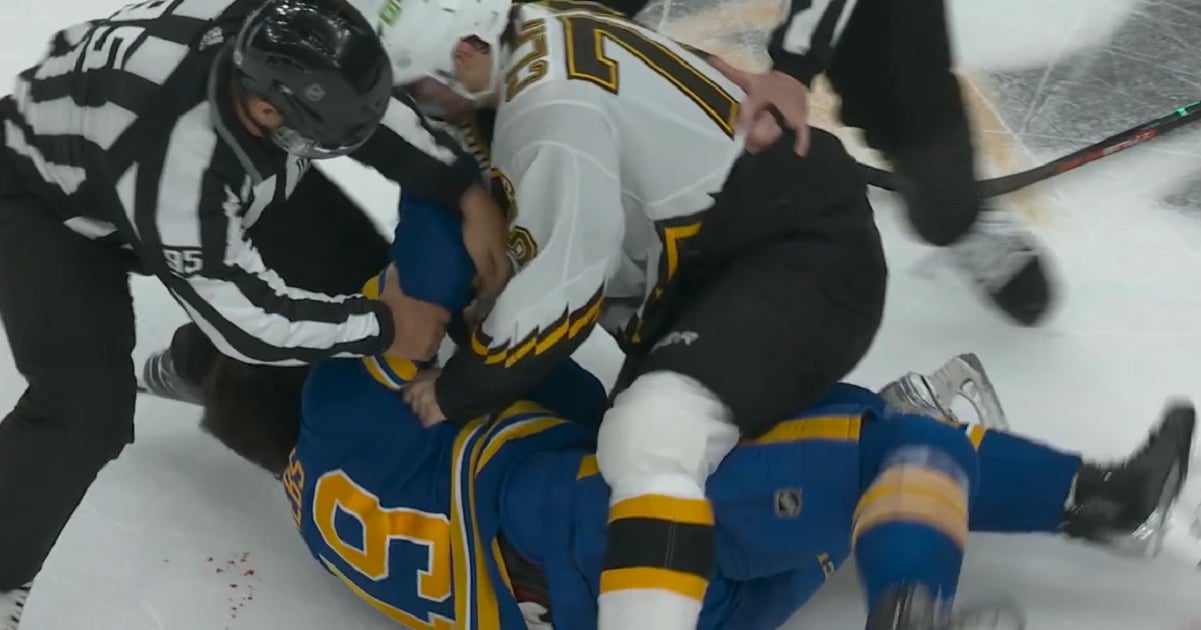 Connor Clifton destroys Peyton Krebs after hit on Taylor Hall.