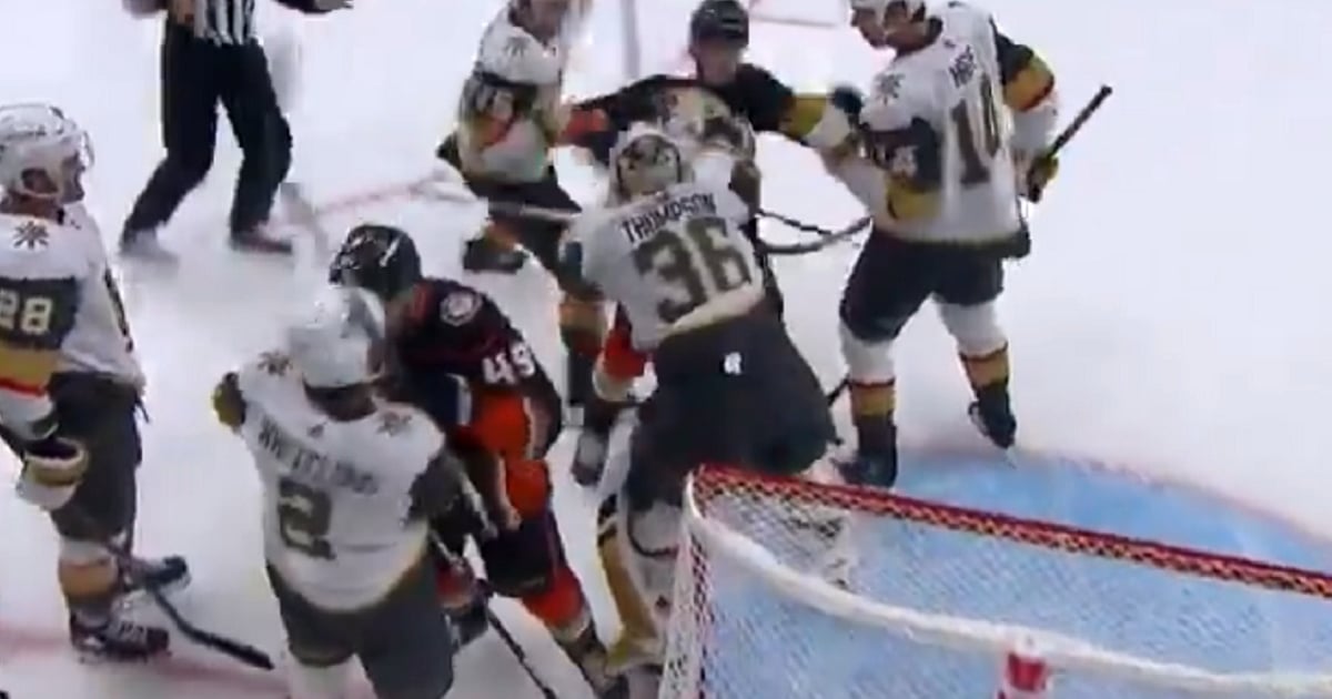 Vegas goaltender Logan Thompson decks Frank Vatrano.
