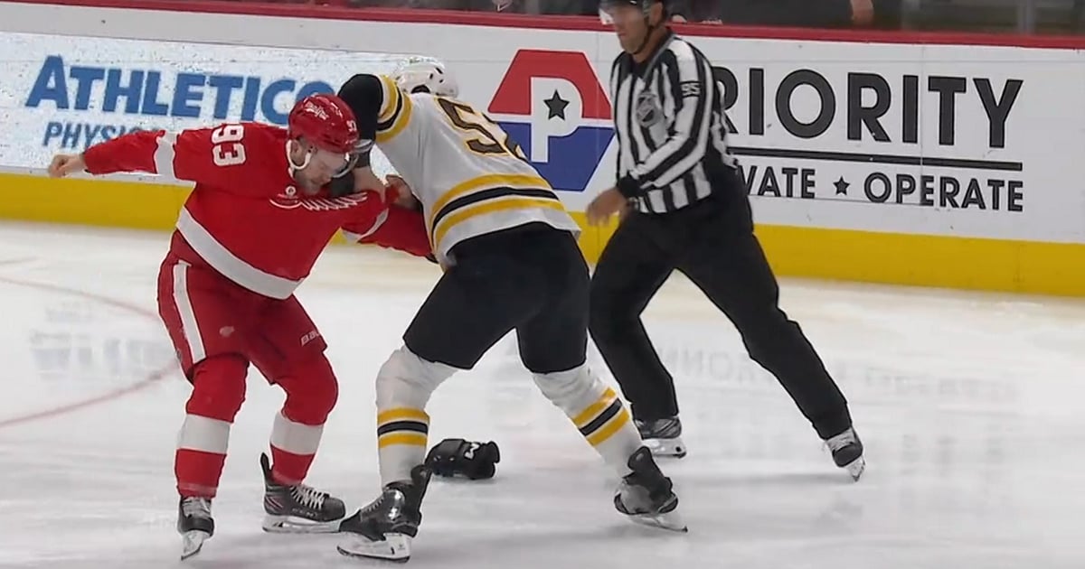 Alex DeBrincat snaps and drops the gloves with Andrew Peeke.