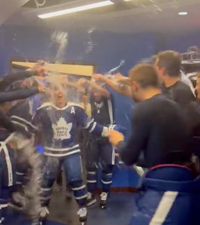 Leafs spray down Mitch Marner in locker room