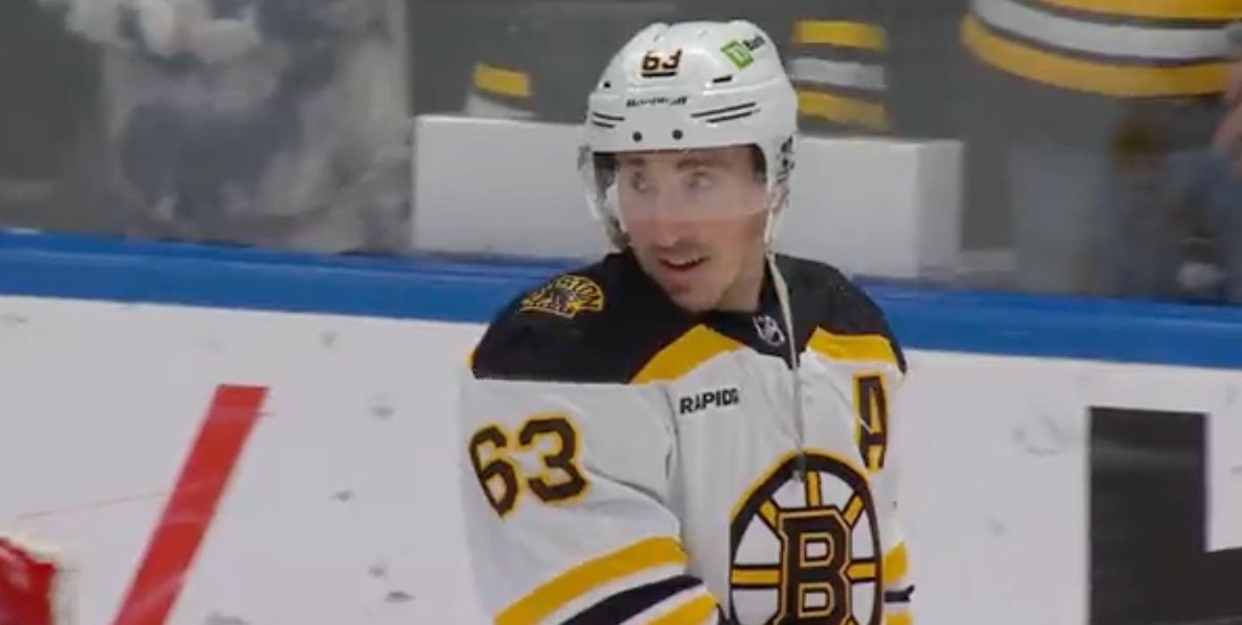 Brad Marchand accidentally hit with puck during warmup