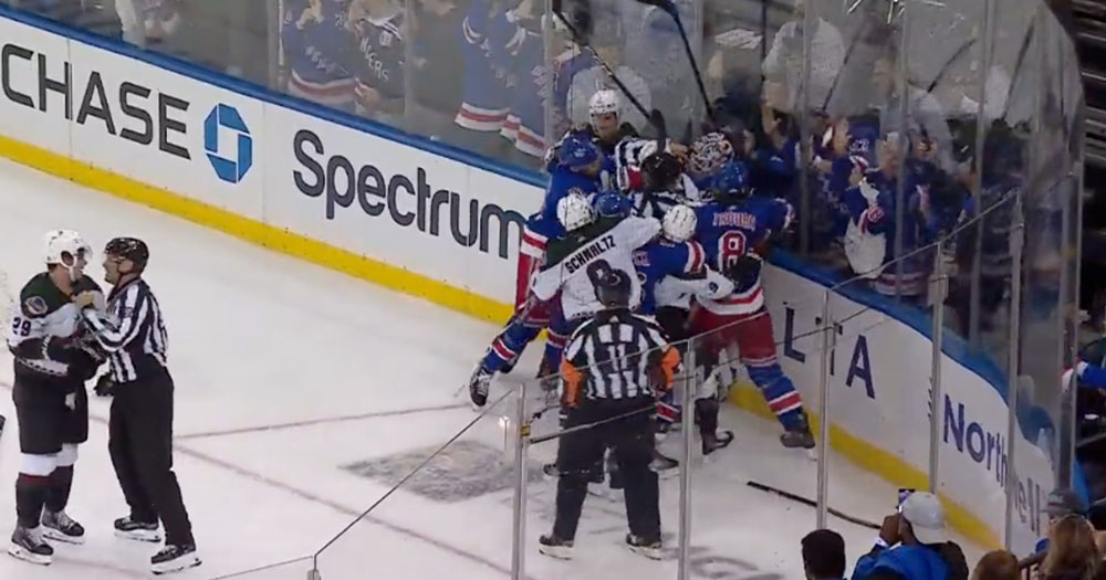Refs struggle to break up brawl after Rangers' win over Coyotes last night