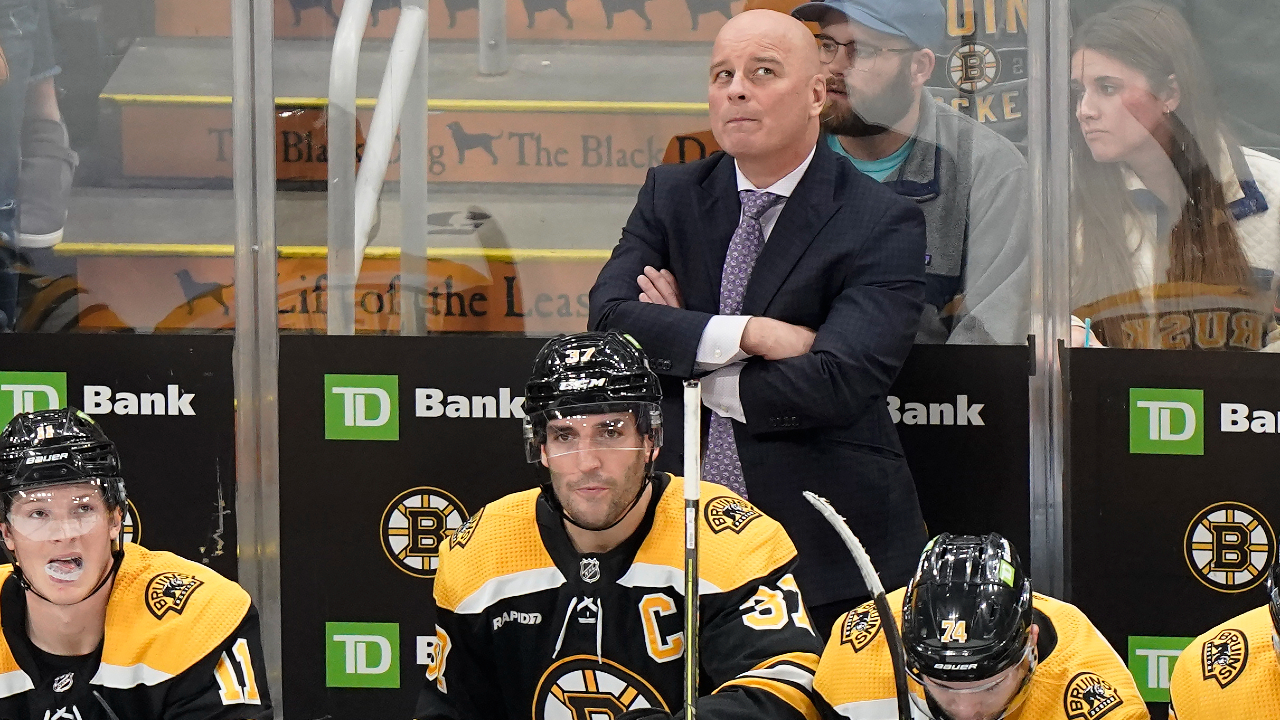 Jim Montgomery comments on Bruins’ error to play Patrice Bergeron in Game 82 