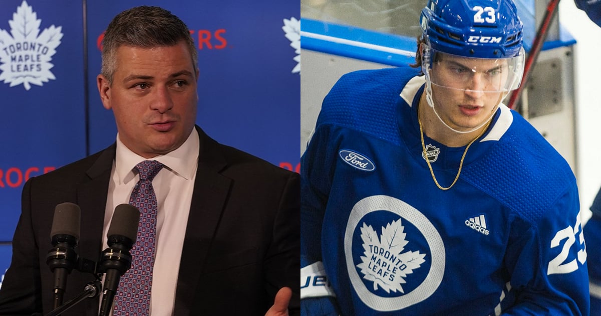 Sheldon Keefe appears to give Matthew Knies some bad news on Sunday.